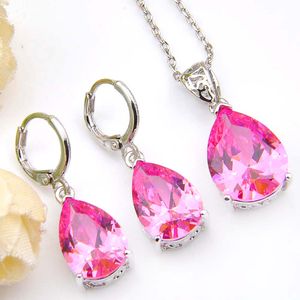 Hot Sale Pink Crystal Drop Halsband Örhängen Smycken Satser Kubik Zirconia 925 Silver Hängen Halsband Drop Earrings Smycken Satser för Kvinnor