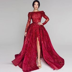 Ciemna czerwona iluzja długie rękawy balu sukienki długie koraliki koronkowe cekiny Shinning front rozłam sukienka wieczorowa seksowna niestandardowa celebrytowa suknie