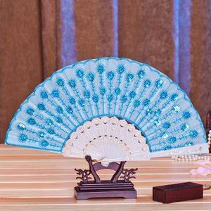 Embroidery Sequin Fabric Folding Fan Decoration Plastic Silk Fan-Dance Chinese Hand Held Fans Wedding Favors 10pcs/lot