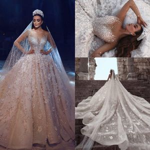 Luxury Ball Gown Wedding Dresses Sheer Neck Long Sleeves Beading Flowers Tulle Saudi Arabic Budai Bridal Dresses Cathedral Train