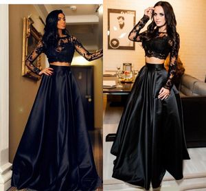 Schwarz Neue Sexy Spitze A-Linie Zweiteiler Prom Jewel Neck Long Sleeves Sweep Zug Formale Kleider Abendgarderobe Vestidos De Fiesta