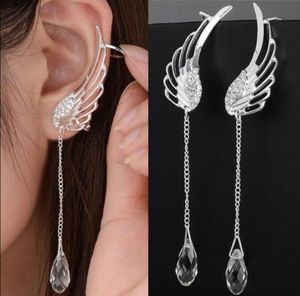 925 Sterling Silver angel wing stylist crystal earrings drop dangle ear stud for women long cuff earring