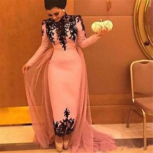 Vintage High Neck Ankle Length Sheath Evening Dresses with Long Sleeves black Lace Appliques Prom Dresses Formal gowns Vestidos Lo251d