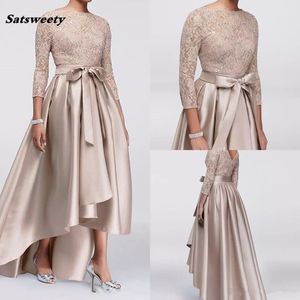 Chic Champagne A-line High Low Prom Dresses Sequined Lace Top Long Sleeves Dress Evening Wear Cheap Guest Dress