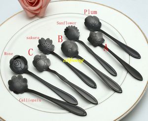 100 teile / los 12,5 * 2,5 cm Schwarz farbe Blume Löffel Edelstahl Kirschblüten Sakura Rose Mess Tee Kaffee Schaufel Geschenk