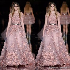 新しいクチュールZuhair Murad Promドレス販売用D花のアップリケダスティピンクのイブニングドレスプラス最新パーティーガウンデザイン