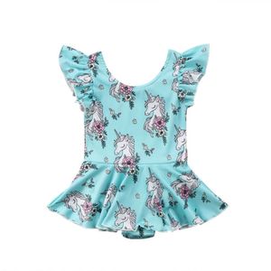 2018 New Baby Girl Dresses Stampa unicorno Toddler Girl Clothes Summer Fly Sleeve Floral Ruffles Pagliaccetto Dress Kids Boutique Abbigliamento 1-5Y
