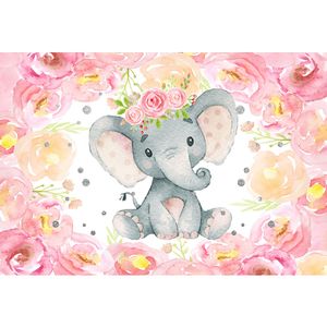 ベビーシャワー象の女の子背景プリントピンクの花新生児の写真小道具王女誕生日パーティーフォトブースの背景