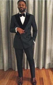 Yeni Stil Damat Smokin Kruvaze Kömür Gri Tepe Yaka Groomsmen Best Man Suit Erkek Düğün Takımları (Ceket + Pantolon + Kravat) NO: 1195