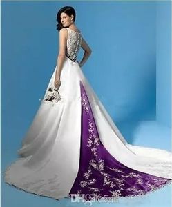 Białe i fioletowe sukienki ślubne imperium talia V Koraliki na szyję aplikacje Satynowe suknie ślubne zamiatanie pociąg plus rozmiar Linia Suknia ślubna 315o