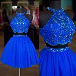 Royal Blue 2 pezzi Abiti corti da ballo di ritorno a casa Halter Cristalli di perline Tulle Increspato Buco della serratura Indietro Abito da cocktail per feste da ragazza a buon mercato