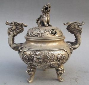 Silver Bronze Dragon Incense Burner & Lion Lid w Ming Dynasty Xuan De Mark
