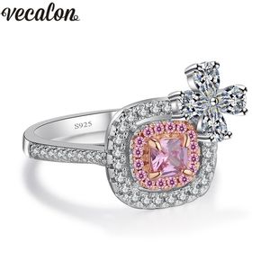 Vecalon novo aniversário de luxo anel 925 jóias de prata esterlina rosa 5a zircão cz anéis de banda de casamento para mulheres nupcial