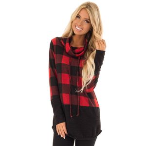 Women Plaids Tshirts Turtleneck Autumn Casual Longline Curved Tops Long Sleeved Tees