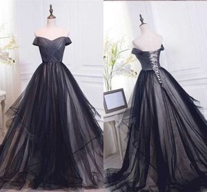 Czarny A-Line Suknie Wieczorowe Off Ramię Pleats Wielopięciowy Lace-Up Open Back Formal Dress Elegant Party Dress Specjalna okazja Sukienka Kobiety