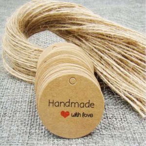 Wholesale round paper tags resale online - 3cm round kraft Hand made with love paper tags with string hemp for DIY cookies candy wedding favors custom tag
