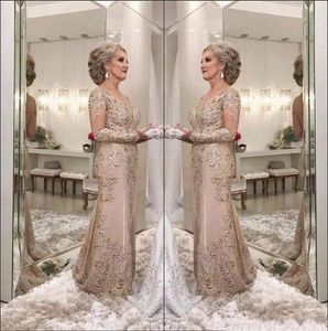 2022 Luxury Mother Of The Bride Dresses V Neck Long Sleeves Crystal Beaded Lace Applique Plus Size Mermaid Evening Dress Wedding G288F