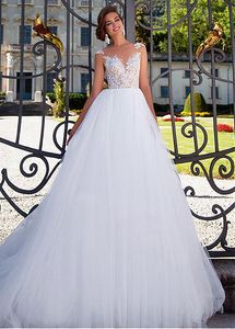 Sexy transparentes Hochzeitskleid mit Blumenapplikationen, seitlicher Reißverschluss, Sweep-Zug, Falten, Tüll-Brautkleider, maßgeschneidert, Übergröße