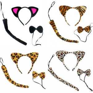 Kids Wildlife Tree Plush Zoo Animal Ears Headband + Tail +Bow Ties Set Leopard Devil Costume Accessories Party Dress Halloween Decor WX9-404
