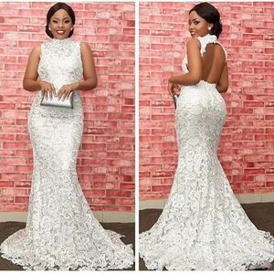 Elegancja biała koronka bal sukienki moda wysoka szyja pusta backless Mermaid wieczorowa sukienka Glamorous South African Party Sukienki Formalne zużycie