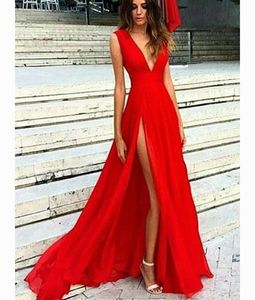 Sexy Baixo V Neck Uma linha Longa noite Vestidos Glamorous Vermelho Alto Side Slit Prom Festa Vestidos Vermelho Tapete Celebridade Dress Vestidos de Noite