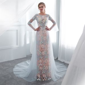 Wholesale light blue long sleeve for sale - Group buy Vestidos Sheer jewel Neck Lace Mermaid Evening Dresses light Blue Illusion Long Sleeves Prom Dresses embroidery Sweep Train Party Gowns
