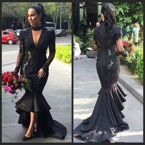 Sexy High Low Ruffle Prom Kleider Langarm Sheer Applique Keyhole Afrikanische formale Party Abendkleider Gowns Guest Wear Robe de Soiree