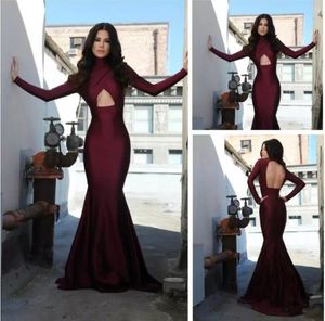 Elegant Långärmad Prom Klänningar Burgundy Mermaid Evening Dress Backless Formal Women's Party Gowns Custom Made