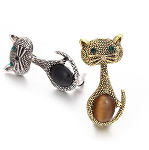 12PCS Vintage Green Eyes Cats Brooch Corsage Antique Gold &silver Color Opals Animal Brooches For Women Small Hijab Pins bijouterie