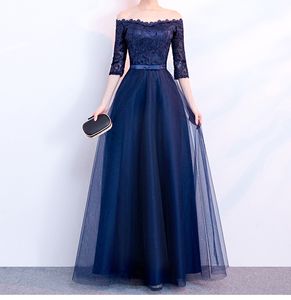 Elegant Navy Blue Evening Dress Strapless Half Sleeves Pleats Tulle Lace Top Prom Dresses Lace-up Zipper Back Plus Size Evening Dresses