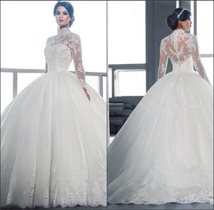 High Neck Lace Ball Gown Wedding Dresses Vintage Royal Long Sleeves Tulle Applique Sweep Train Bridal Gowns With Buttons BA3955
