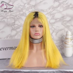 Ombre Gelbe Farbe, leimlose Vollspitze-Echthaar-Perücken mit Babyhaar, vorgezupft, 130 % Dichte, brasilianisches Echthaar, Lace-Front-Perücken