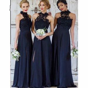 2019 Navy Blue High Neck Bridesmaid Dresses Long Lace Applique Side Split Vestido Robes de demoiselles d'honneur Wedding Guest Dress