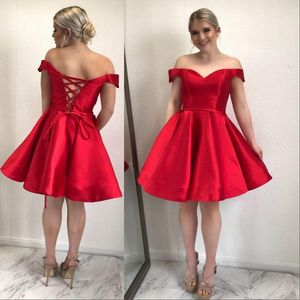 Röd Plus Storlek Korta Homecoming Dresses Off The Shoulder Satin Custom Made Bandage Party Dresses Elegant Prom Klänningar