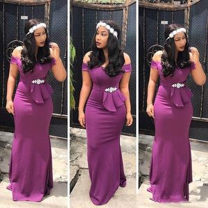 Grape African Mermaid Bridesmaid Dresses With Sash Beads Off The Shoulder Aso Ebi Formal Dresses Evening Wear Satin Long Maid Of Honor Dress