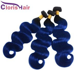 Colored Blue Ombre Body Wave Hair Bundles Brazilian Virgin Human Hair Weaves Dark Roots 1B Blue Wavy Ombre Human Hair Extensions 3pcs Deals