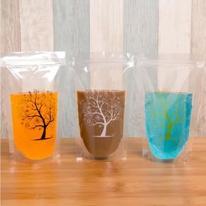 100 opakowań, 450 ml Drzewo Moda Drukowane Projektowanie Samoodporność Plastikowa Torba Opakowań Worz Pakować na kawę sok wodny
