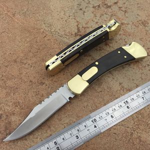 Special edition double mode 110 automatic knife yellow sandalwood handle/brass casting excellent pocket knife strong camping folding knife