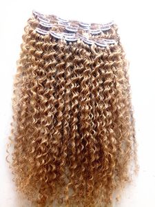 brazilian dark blonde color human virgin remy clip ins hair extensions kinky curls weft medium brown for beaty women