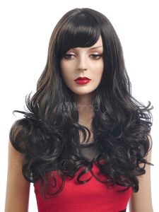 Como o cabelo humano moda sexy natural senhora longa peruca preta currada