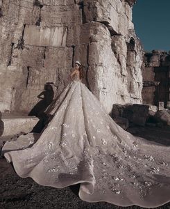 Luksusowa koronkowa suknia balowa suknie ślubne Majorowe cekiny iluzja długie rękawy sukienka ślubna Kaplica Train 3D Lace Appliques BRI2863