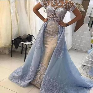 Blue Ice Dubai Arabic Mermaid With Detachable Train Lace Applique Vestido De Festa Evening Wear Gowns Formal Dresses