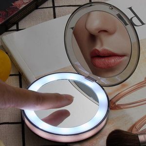 Nyaste uppladdningsbara bärbara kompaktspegel med LED-ljus 3X Förstoring Makeup Spegel Grön / Rosa / Rose Gold