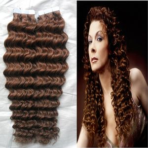 Tape i Hait Extensions Mörkbrun brasiliansk PU Hud väftband hår djupvåg mänskliga hårförlängningar g