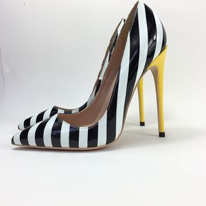 Black and white striped high-heeled shoes 810 12CM fashionable sexy with fine pointed shoes, custom 33-45 yards