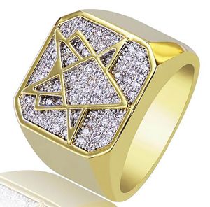 Mens geométricos Padrões 18K Amarelo Banhado A Ouro CZ Cobre Bling Anéis Cúbicos Zircônia Micro Pave Simulado Diamantes Anel com caixa de presente