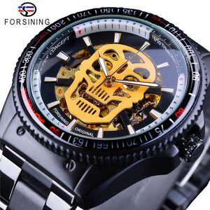 Forsining Steampunk Golden Luminous Skull Nero Acciaio inossidabile Scheletro Open Work Orologi automatici da uomo Top Brand Clock297R