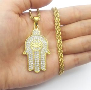 Hip Hop Hamsa Hand von Fatima Lucky Evil Eye Schutz Amulett Kristall Anhänger Halskette 24 Zoll Seilkette