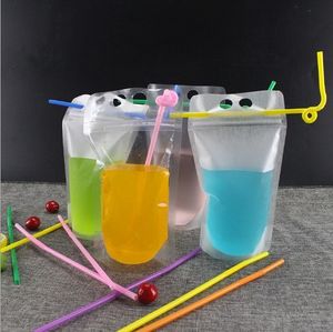 Sacchetti per bevande da 500 ml Borse con cerniera smerigliata Borsa per bere in plastica stand-up con cannuccia con supporto Richiudibile a prova di calore