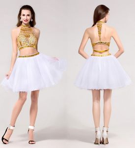 Ouro branco duas peças vestidos quinceanera on-line cristal frisado curto doce vestidos de baile cocktail vestidos de baile dh978